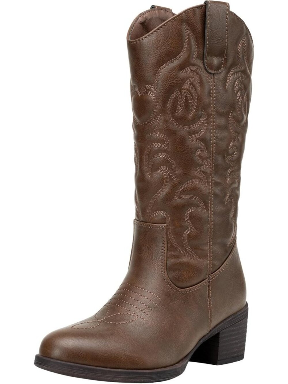 Women's Cowboy Boots Western Cowgirl Round Toe Mid Calf Boot Faux Leather Whisky